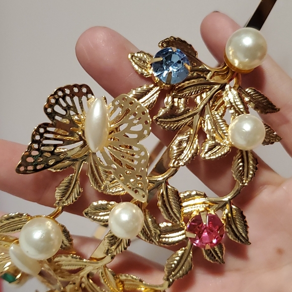 Goldtone Rhinestones faux pearls roses and butterflies headband NWT wedding prom - Picture 2 of 9